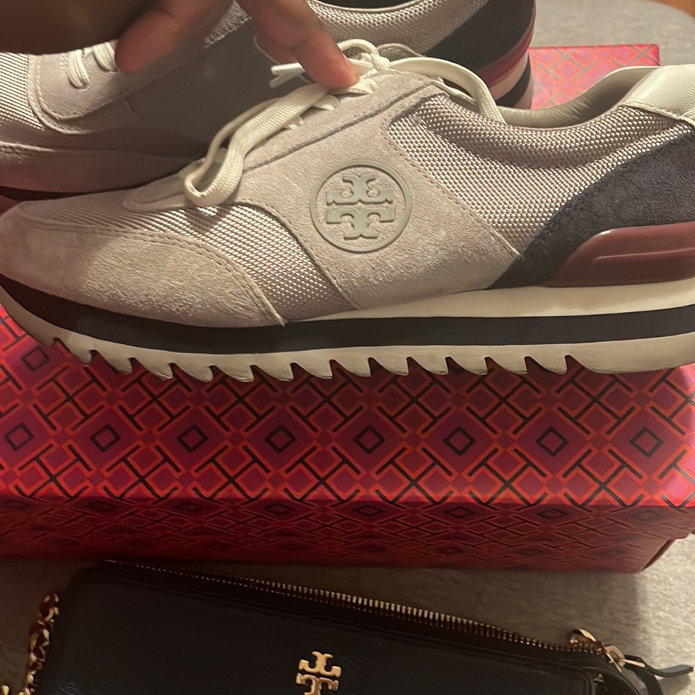 Tory Burch Cream and Navy Lace-Up Sneakers
